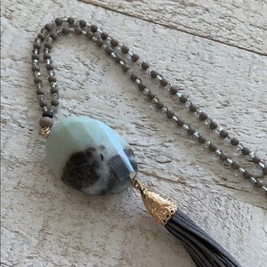 NWOT Grey & White Stone and Tassel with Beads